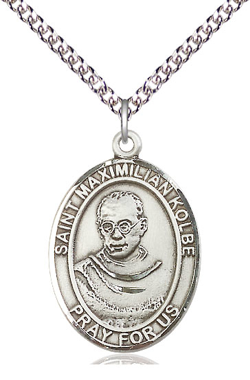 Sterling Silver Saint Maximilian Kolbe Pendant on a 24 inch Sterling Silver Heavy Curb chain