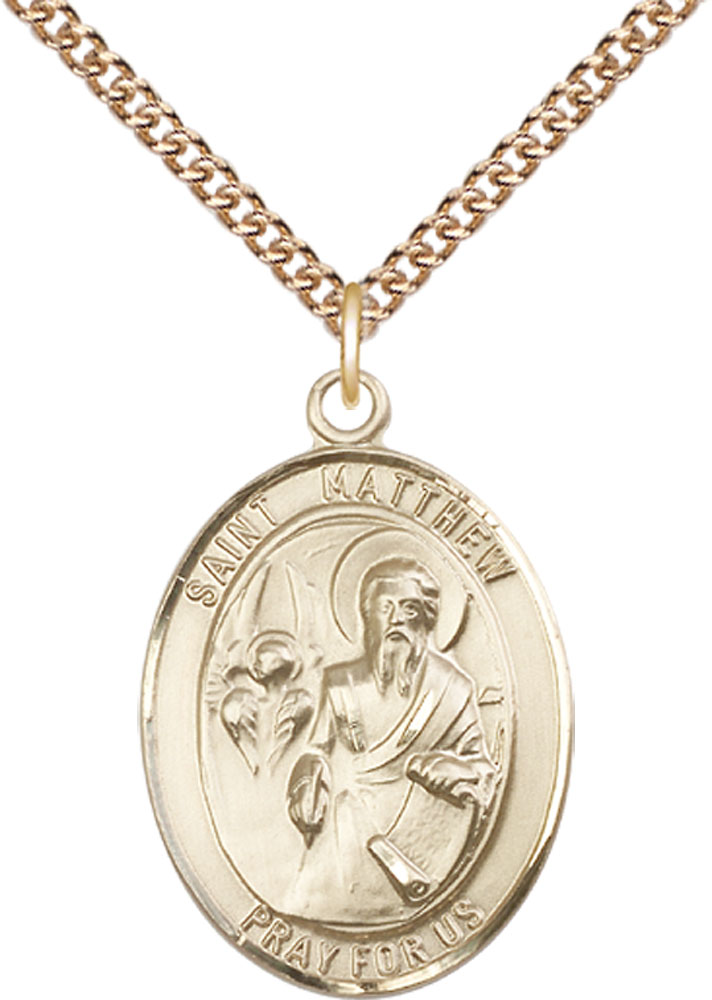 14kt Gold Filled Saint Matthew the Apostle Pendant on a 24 inch Gold Filled Heavy Curb chain