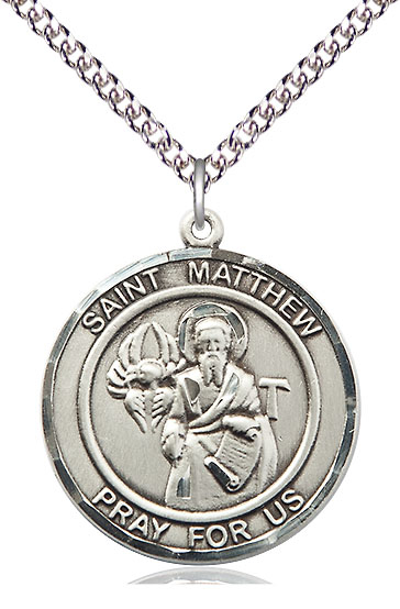 Sterling Silver Saint Matthew the Apostle Pendant on a 24 inch Sterling Silver Heavy Curb chain