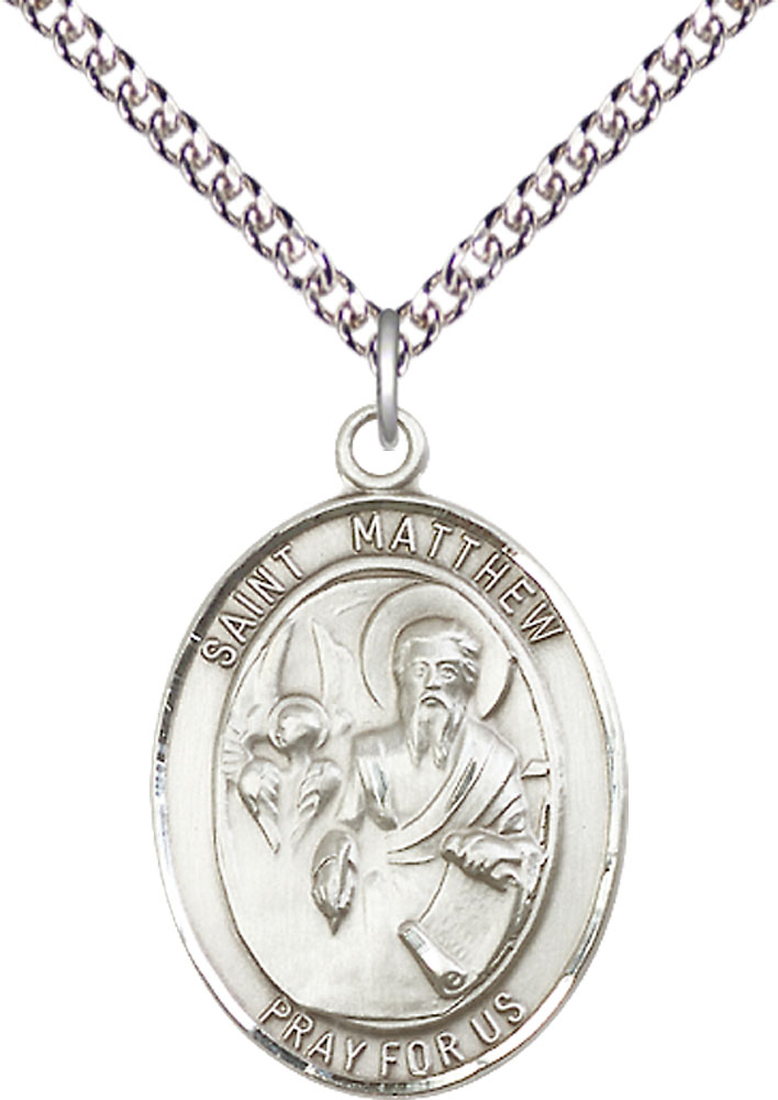 Sterling Silver Saint Matthew the Apostle Pendant on a 24 inch Sterling Silver Heavy Curb chain