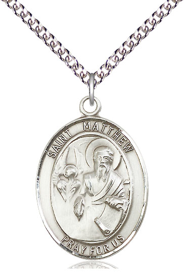 Sterling Silver Saint Matthew the Apostle Pendant on a 24 inch Sterling Silver Heavy Curb chain