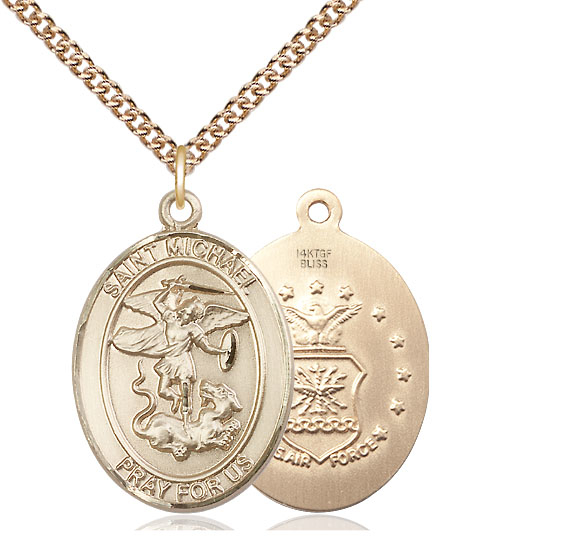 14kt Gold Filled Saint Michael Air Force Pendant on a 24 inch Gold Filled Heavy Curb chain