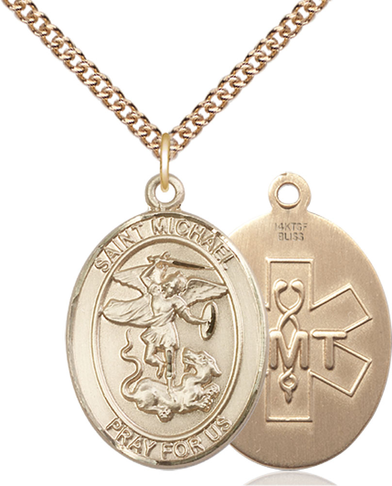 14kt Gold Filled Saint Michael EMT Pendant on a 24 inch Gold Filled Heavy Curb chain