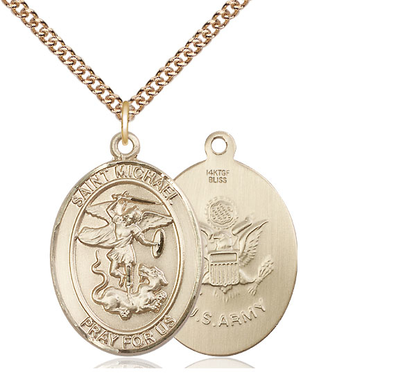 14kt Gold Filled Saint Michael Army Pendant on a 24 inch Gold Filled Heavy Curb chain