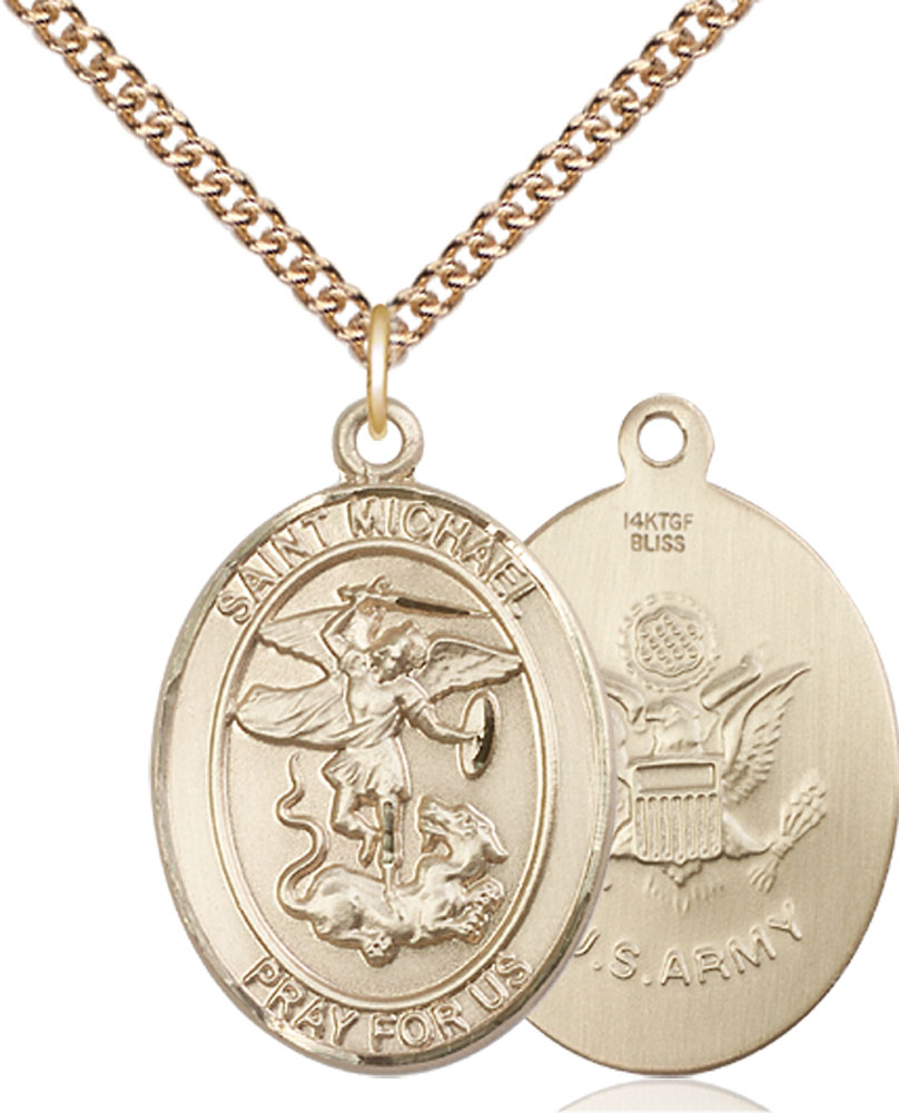 14kt Gold Filled Saint Michael Army Pendant on a 24 inch Gold Filled Heavy Curb chain
