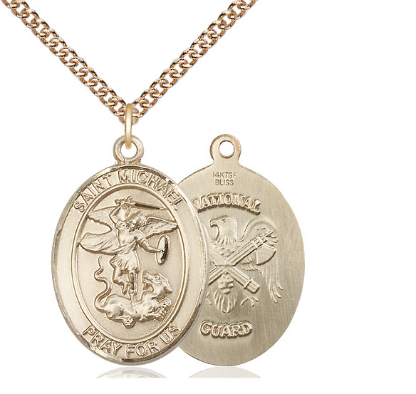 14kt Gold Filled Saint Michael National Guard Pendant on a 24 inch Gold Filled Heavy Curb chain