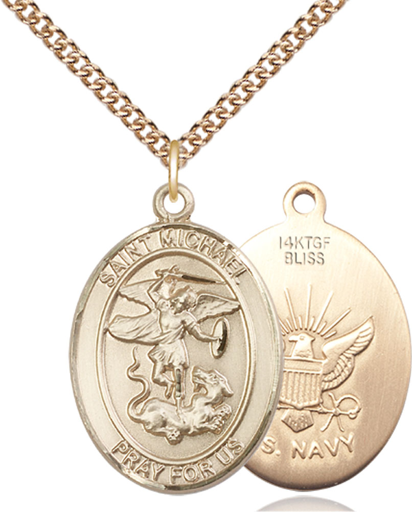 14kt Gold Filled Saint Michael Navy Pendant on a 24 inch Gold Filled Heavy Curb chain