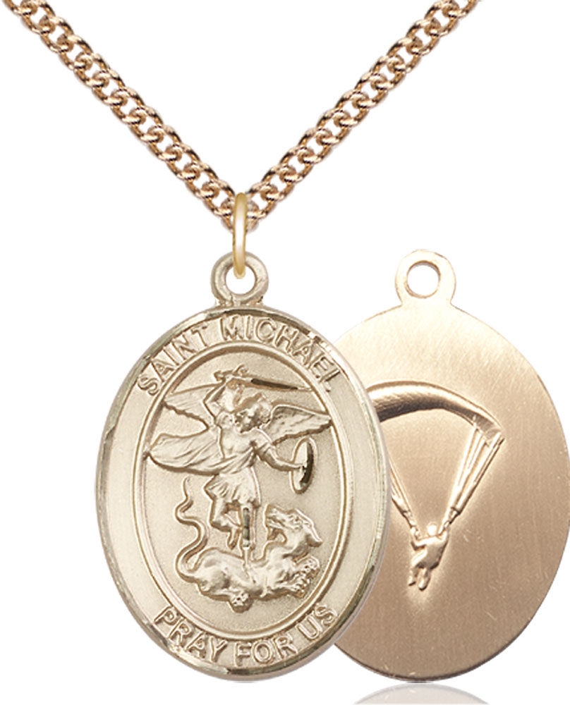 14kt Gold Filled Saint Michael Paratrooper Pendant on a 24 inch Gold Filled Heavy Curb chain