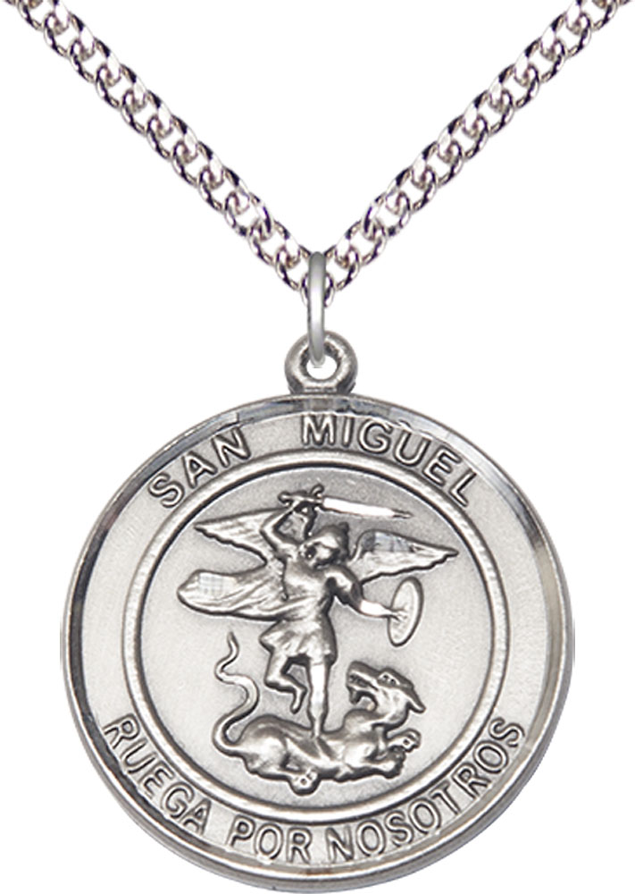 Sterling Silver San Miguel Arcangel Pendant on a 24 inch Sterling Silver Heavy Curb chain