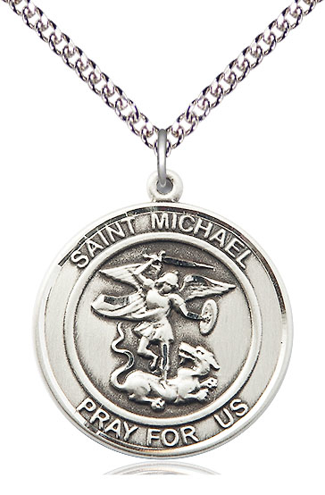 Sterling Silver Saint Michael the Archangel Pendant on a 24 inch Sterling Silver Heavy Curb chain