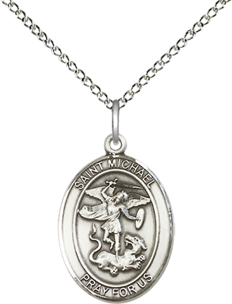 Sterling Silver Saint Michael the Archangel Pendant on a 18 inch Sterling Silver Light Curb chain
