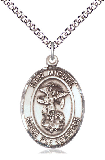 Sterling Silver San Miguel Arcangel Pendant on a 24 inch Sterling Silver Heavy Curb chain