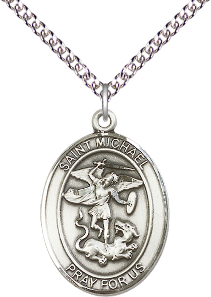 Sterling Silver Saint Michael the Archangel Pendant on a 24 inch Sterling Silver Heavy Curb chain
