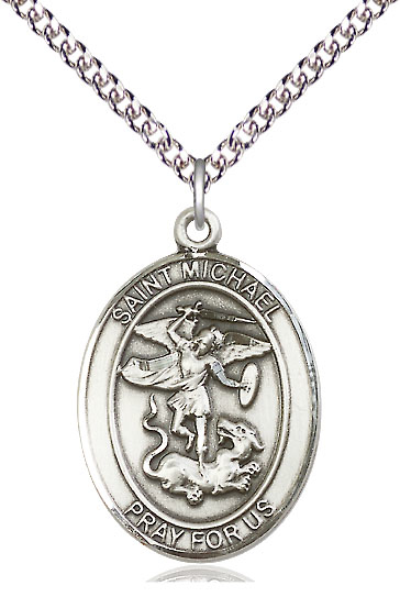 Sterling Silver Saint Michael the Archangel Pendant on a 24 inch Sterling Silver Heavy Curb chain