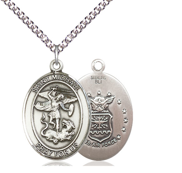 Sterling Silver Saint Michael Air Force Pendant on a 24 inch Sterling Silver Heavy Curb chain