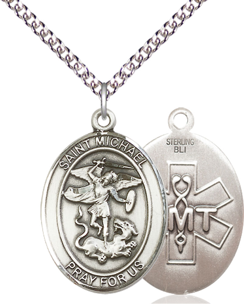 Sterling Silver Saint Michael EMT Pendant on a 24 inch Sterling Silver Heavy Curb chain