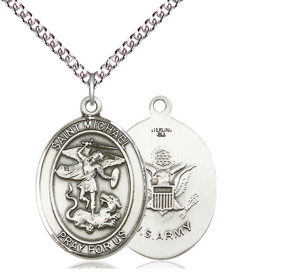 Sterling Silver Saint Michael Army Pendant on a 24 inch Sterling Silver Heavy Curb chain