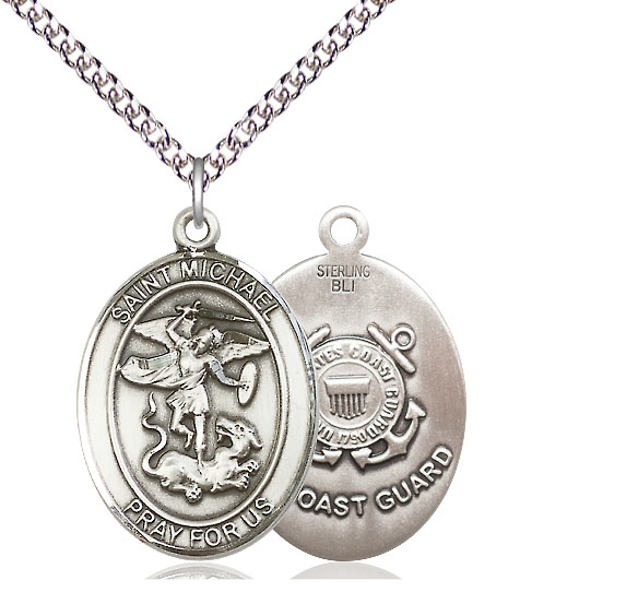 Sterling Silver Saint Michael Coast Guard Pendant on a 24 inch Sterling Silver Heavy Curb chain
