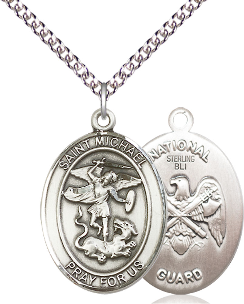 Sterling Silver Saint Michael National Guard Pendant on a 24 inch Sterling Silver Heavy Curb chain