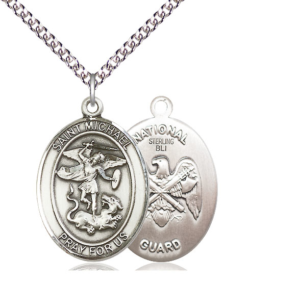 Sterling Silver Saint Michael National Guard Pendant on a 24 inch Sterling Silver Heavy Curb chain