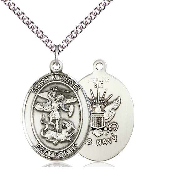 Sterling Silver Saint Michael Navy Pendant on a 24 inch Sterling Silver Heavy Curb chain