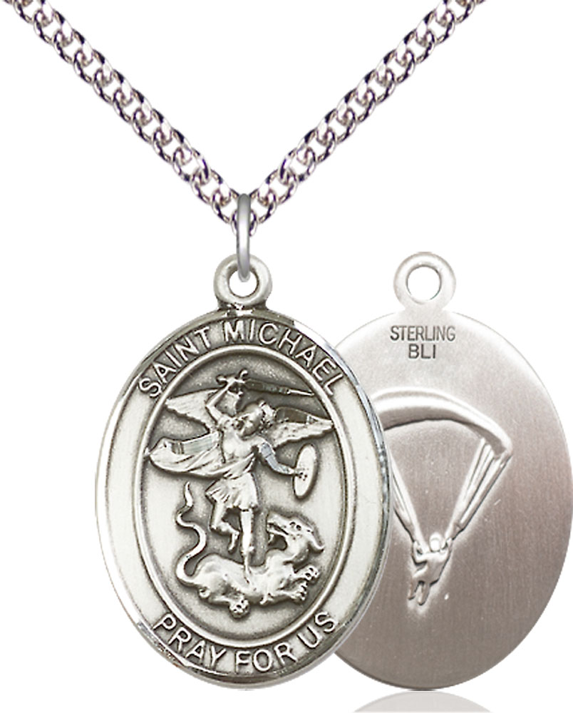 Sterling Silver Saint Michael Paratrooper Pendant on a 24 inch Sterling Silver Heavy Curb chain