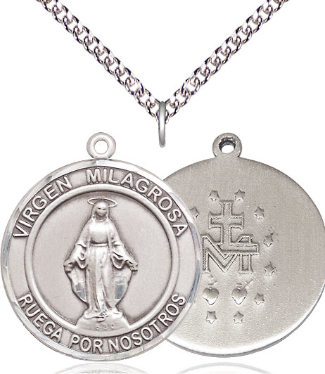 Sterling Silver Virgen Milagrosa Pendant on a 24 inch Sterling Silver Heavy Curb chain