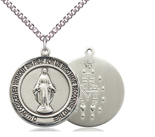 Sterling Silver Miraculous Pendant on a 24 inch Sterling Silver Heavy Curb chain