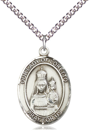 Sterling Silver Our Lady of Loretto Pendant on a 24 inch Sterling Silver Heavy Curb chain