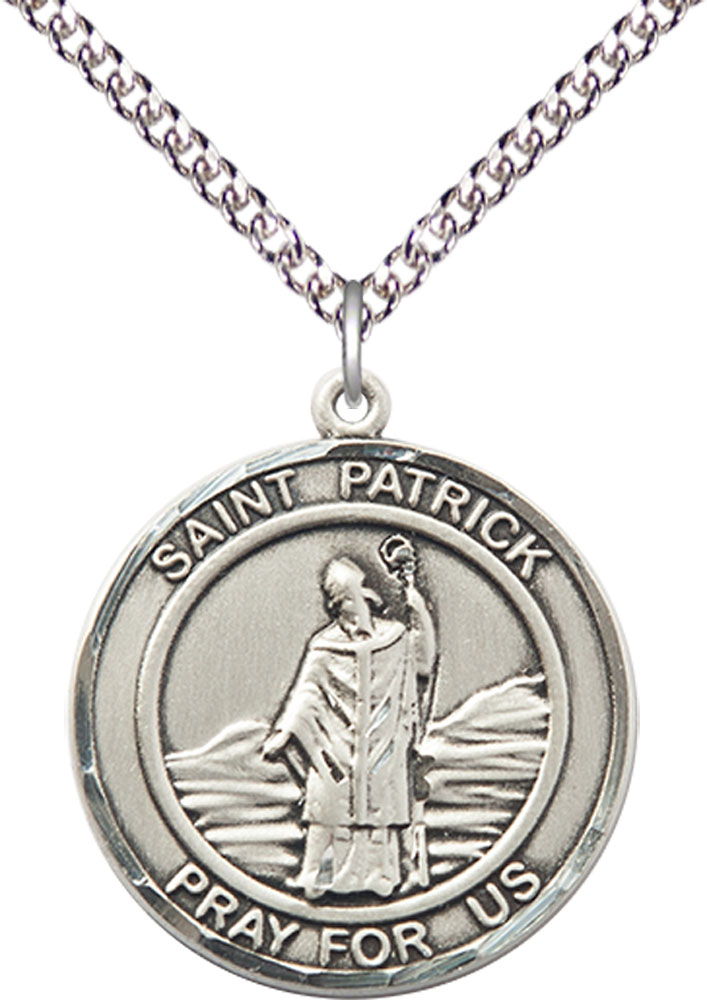 Sterling Silver Saint Patrick Pendant on a 24 inch Sterling Silver Heavy Curb chain