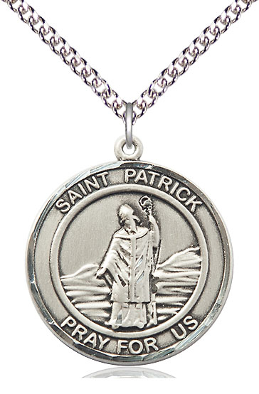 Sterling Silver Saint Patrick Pendant on a 24 inch Sterling Silver Heavy Curb chain