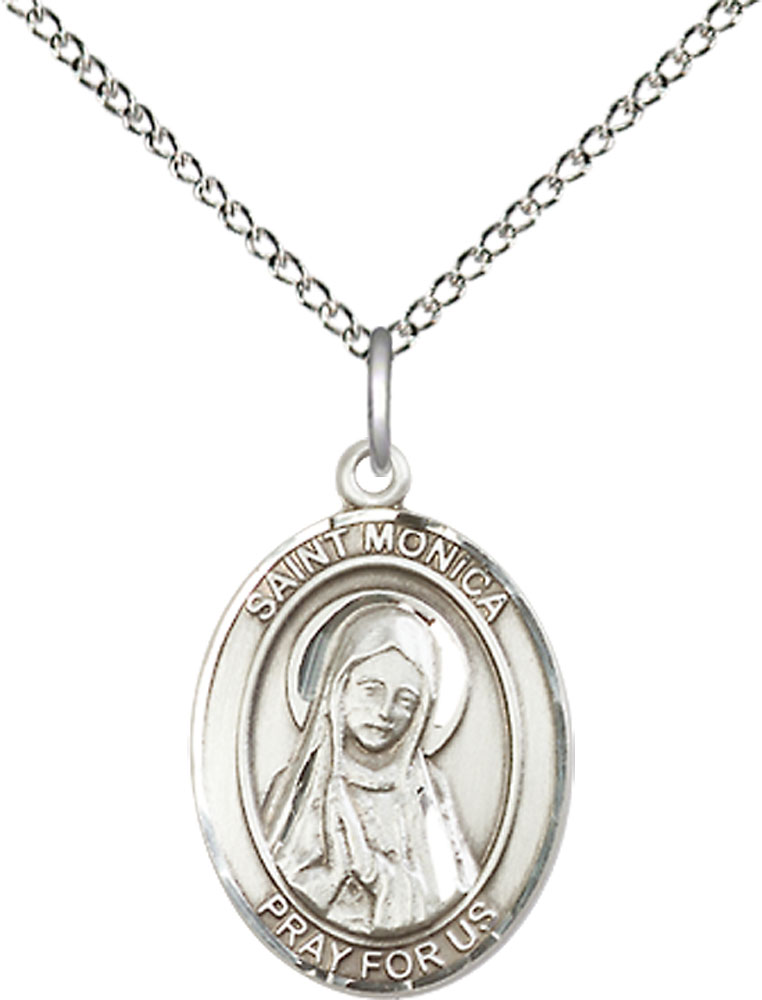 Sterling Silver Saint Monica Pendant on a 18 inch Sterling Silver Light Curb chain
