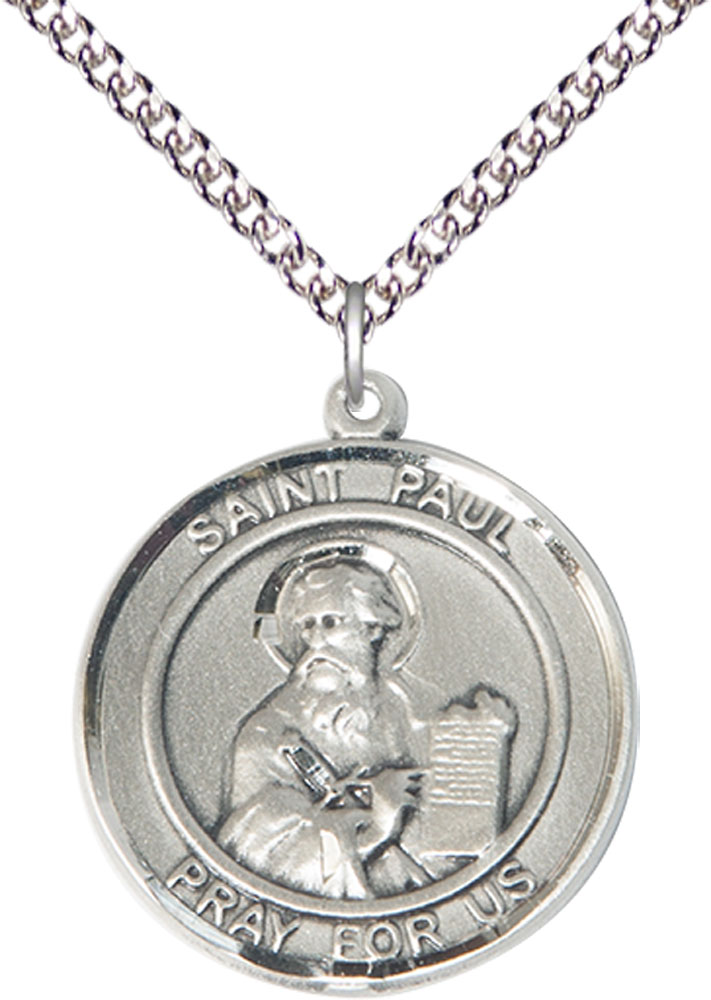 Sterling Silver Saint Paul the Apostle Pendant on a 24 inch Sterling Silver Heavy Curb chain