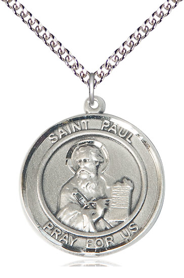 Sterling Silver Saint Paul the Apostle Pendant on a 24 inch Sterling Silver Heavy Curb chain