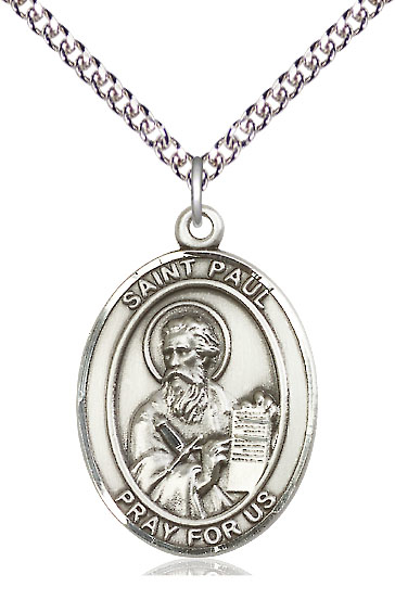 Sterling Silver Saint Paul the Apostle Pendant on a 24 inch Sterling Silver Heavy Curb chain