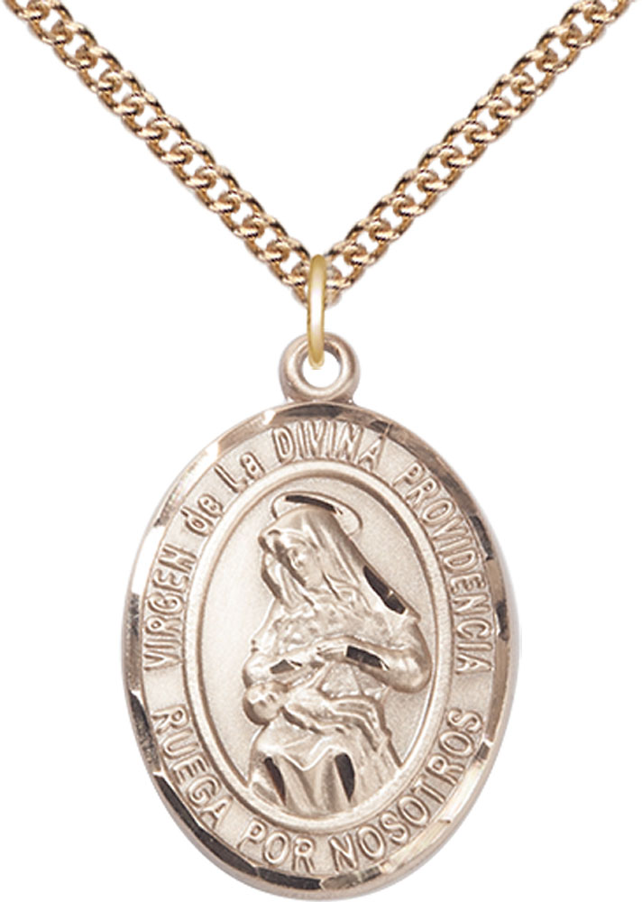 14kt Gold Filled Virgen de la Divina Pendant on a 24 inch Gold Filled Heavy Curb chain