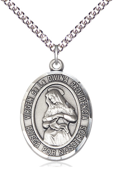 Sterling Silver Virgen de la Divina Pendant on a 24 inch Sterling Silver Heavy Curb chain