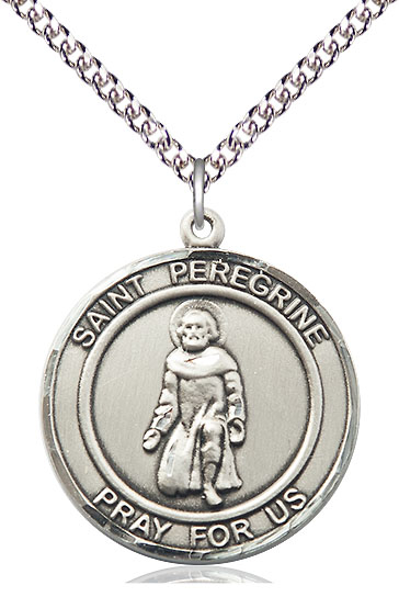 Sterling Silver Saint Peregrine Pendant on a 24 inch Sterling Silver Heavy Curb chain