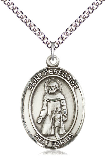 Sterling Silver Saint Peregrine Laziosi Pendant on a 24 inch Sterling Silver Heavy Curb chain