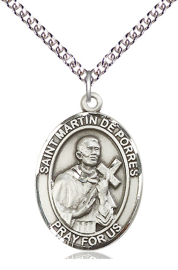 Sterling Silver Saint Martin de Porres Pendant on a 24 inch Sterling Silver Heavy Curb chain