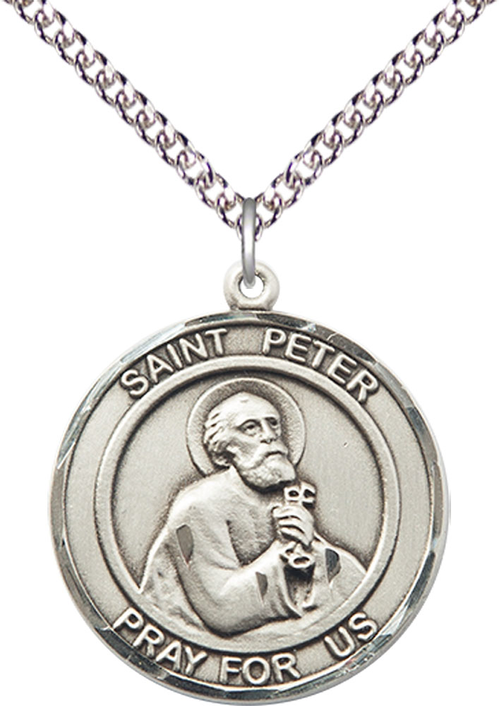 Sterling Silver Saint Peter the Apostle Pendant on a 24 inch Sterling Silver Heavy Curb chain