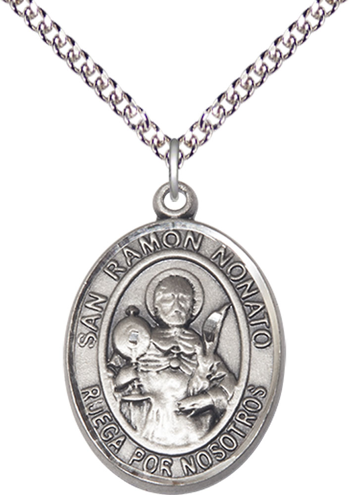 Sterling Silver San Raymon Nonato Pendant on a 24 inch Sterling Silver Heavy Curb chain