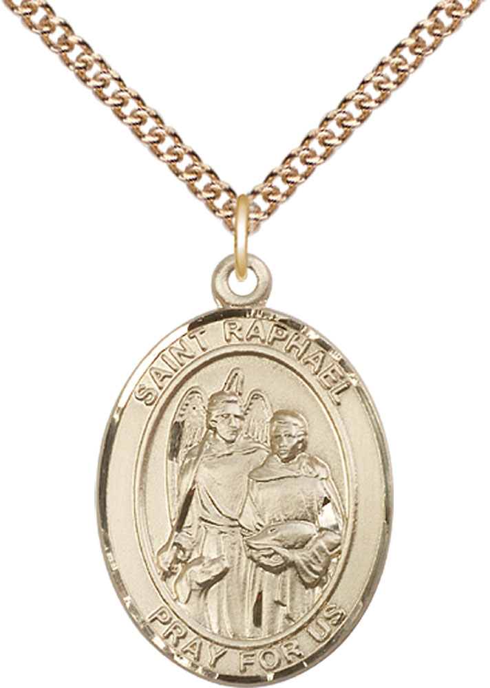14kt Gold Filled Saint Raphael the Archangel Pendant on a 24 inch Gold Filled Heavy Curb chain