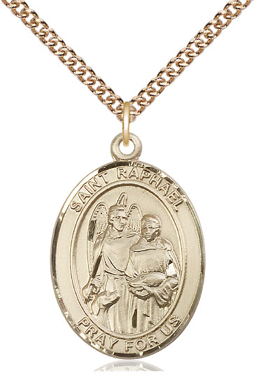 14kt Gold Filled Saint Raphael the Archangel Pendant on a 24 inch Gold Filled Heavy Curb chain