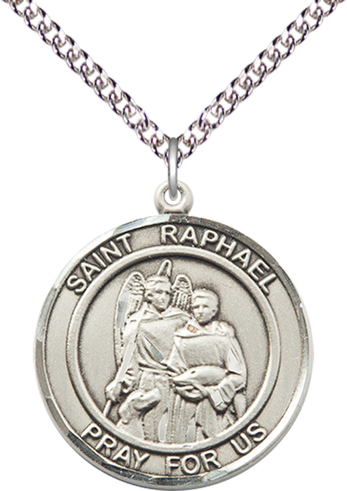 Sterling Silver Saint Raphael the Archangel Pendant on a 24 inch Sterling Silver Heavy Curb chain