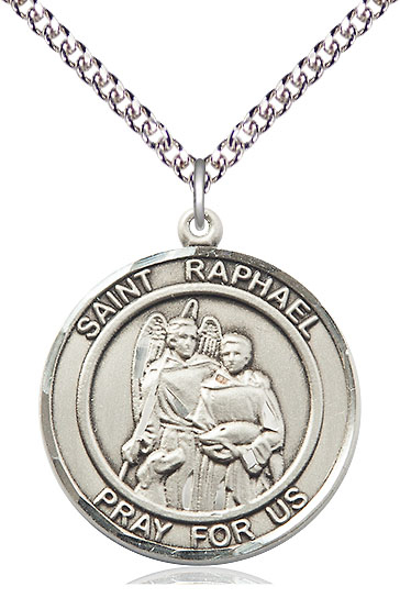 Sterling Silver Saint Raphael the Archangel Pendant on a 24 inch Sterling Silver Heavy Curb chain