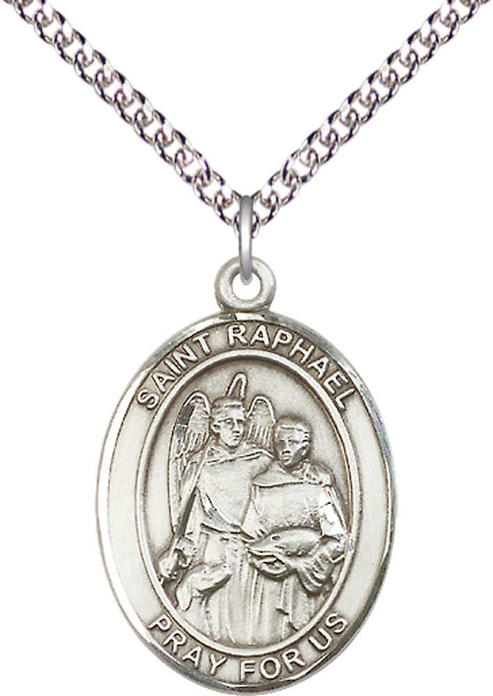 Sterling Silver Saint Raphael the Archangel Pendant on a 24 inch Sterling Silver Heavy Curb chain