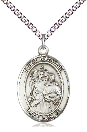 Sterling Silver Saint Raphael the Archangel Pendant on a 24 inch Sterling Silver Heavy Curb chain