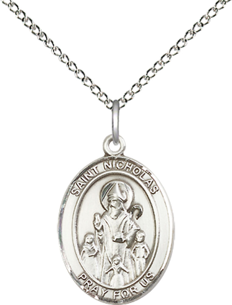 Sterling Silver Saint Nicholas Pendant on a 18 inch Sterling Silver Light Curb chain