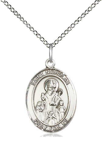 Sterling Silver Saint Nicholas Pendant on a 18 inch Sterling Silver Light Curb chain